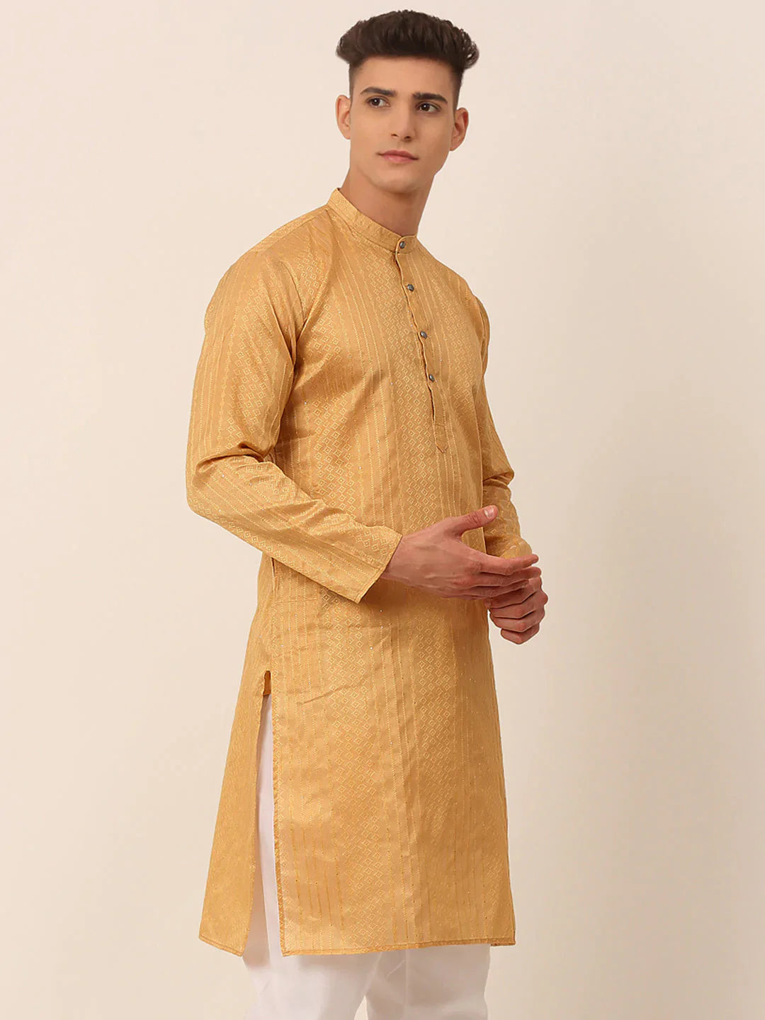 Jompers Men's Silk Blend Sequence Embroidered Kurta Only - Beige - Distacart
