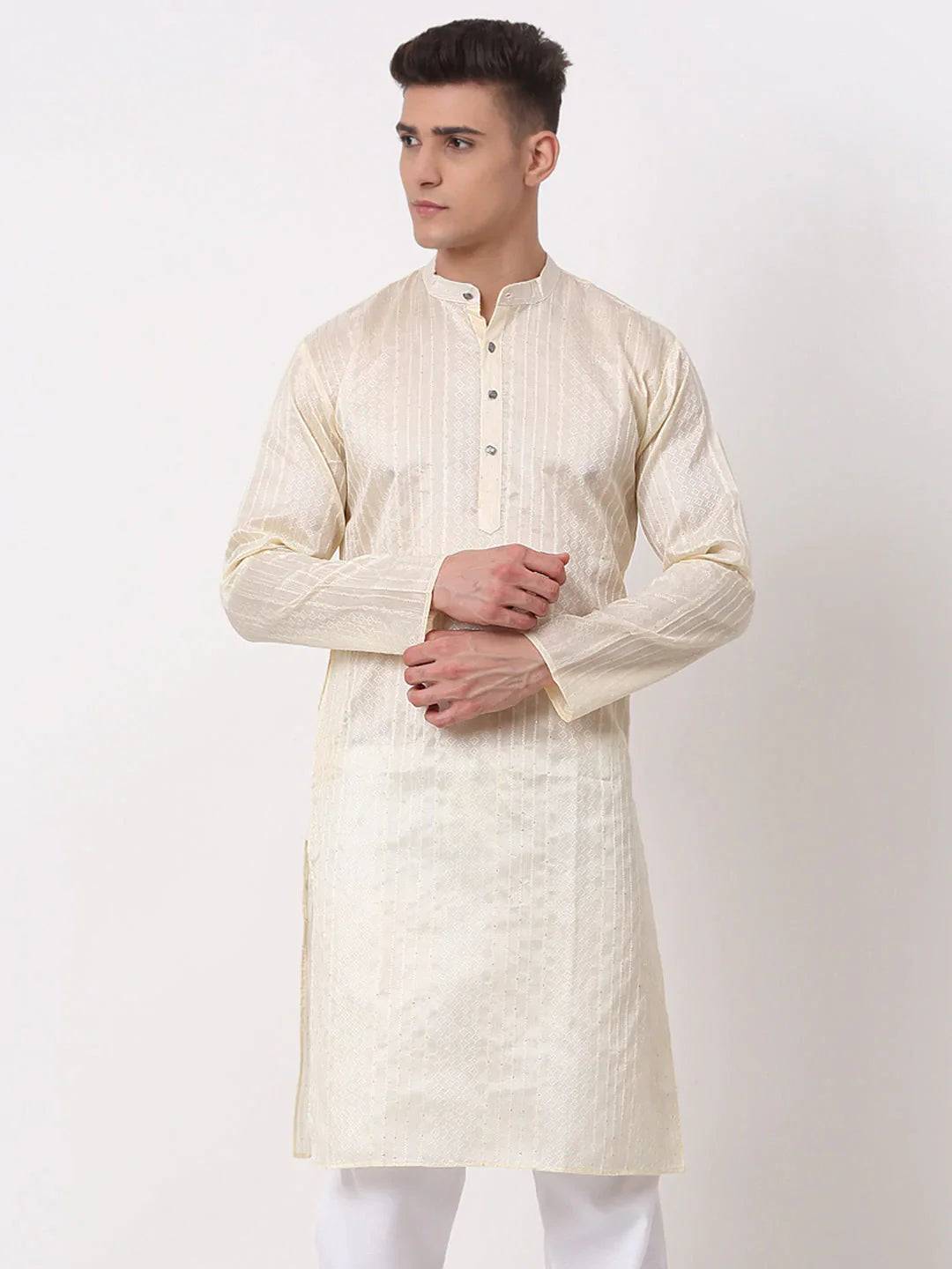 Jompers Men's Silk Blend Sequence Embroidered Kurta Only - Cream - Distacart