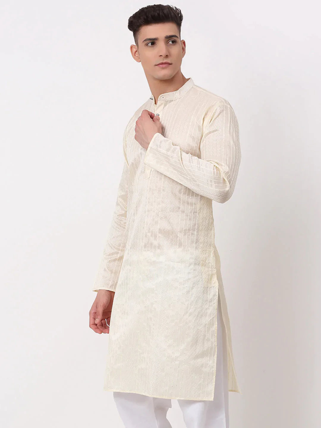 Jompers Men's Silk Blend Sequence Embroidered Kurta Only - Cream - Distacart