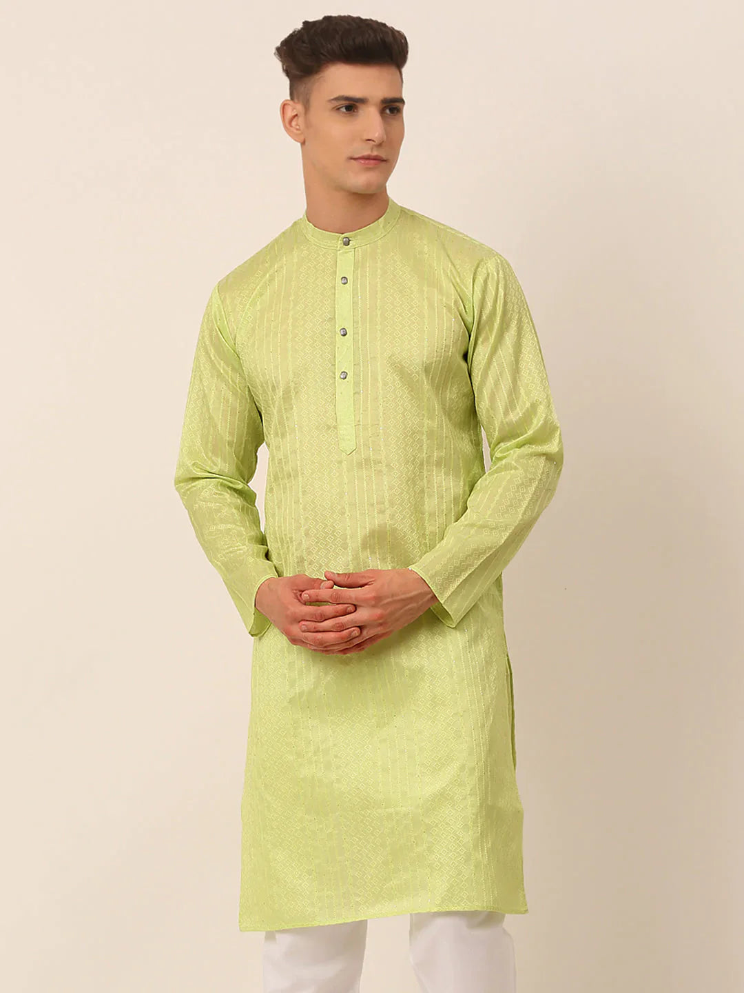 Jompers Men's Silk Blend Sequence Embroidered Kurta Only - Green - Distacart