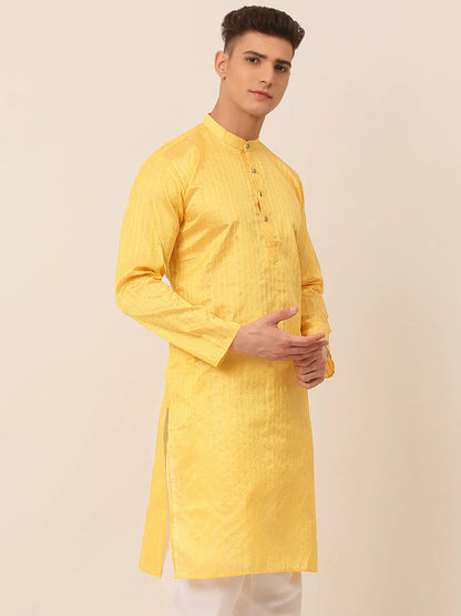 Jompers Men's Silk Blend Sequence Embroidered Kurta Only - Yellow - Distacart
