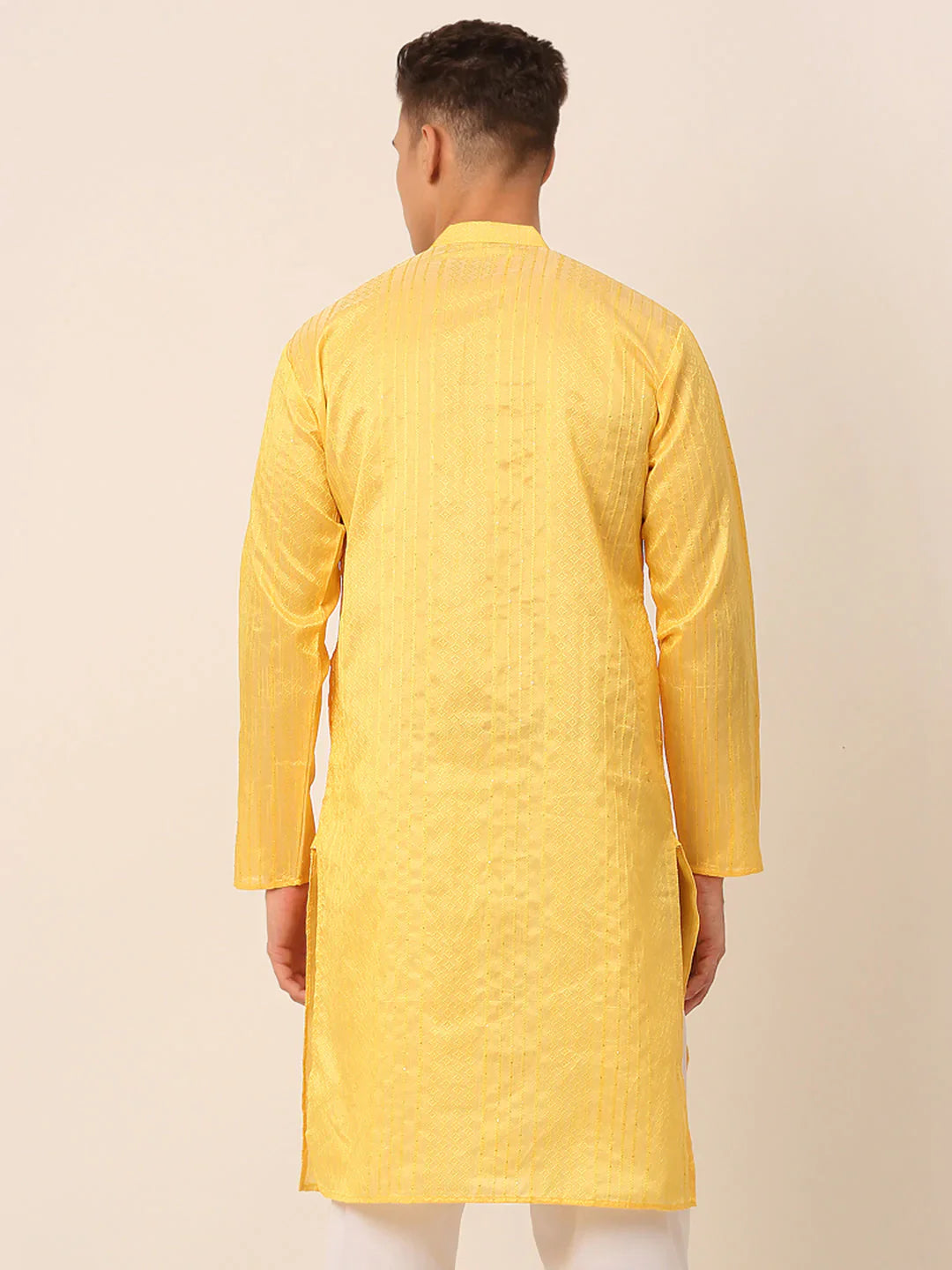 Jompers Men's Silk Blend Sequence Embroidered Kurta Only - Yellow - Distacart