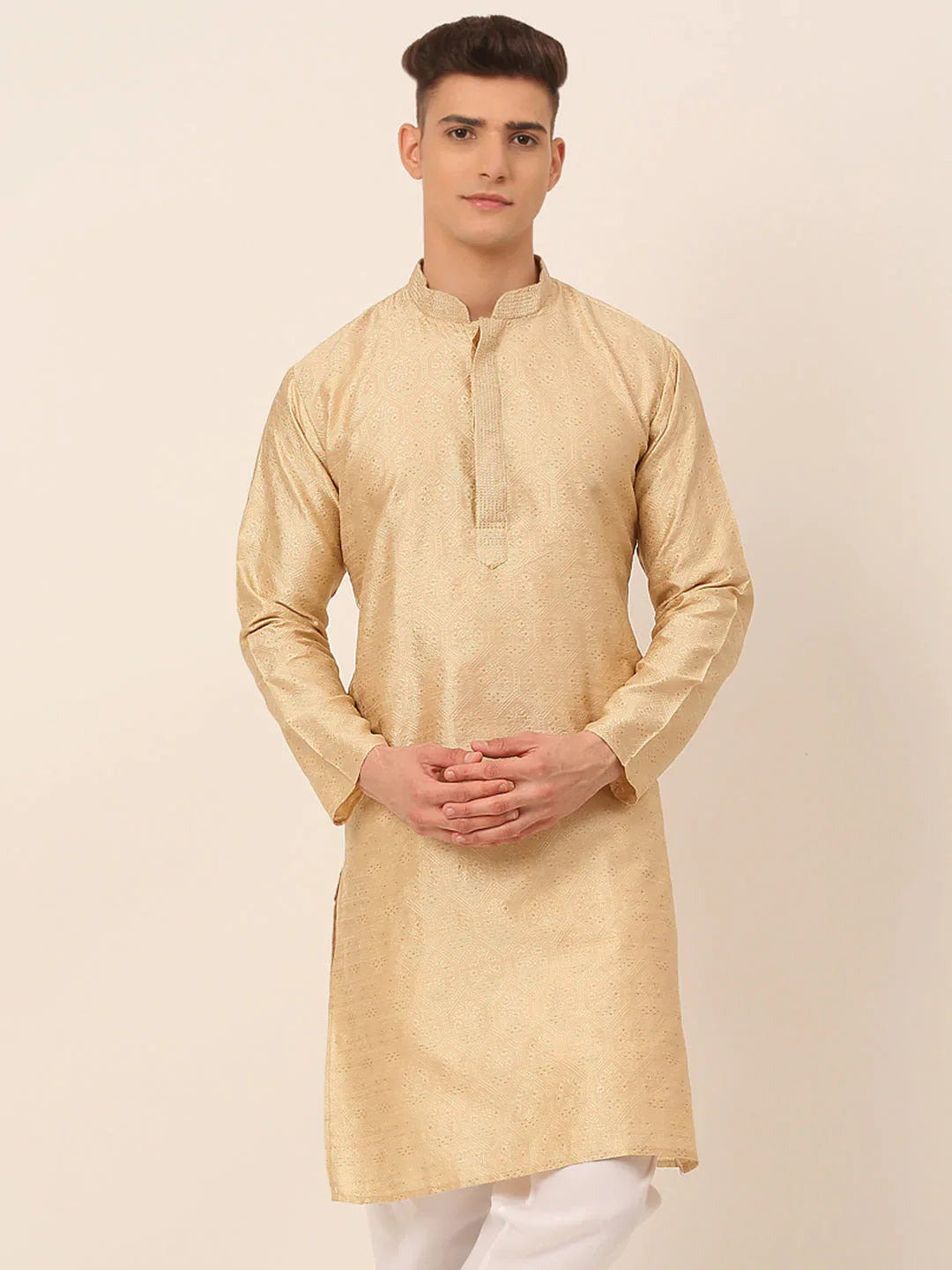 Jompers Men's Silk Blend Collar Embroidered Kurta only - Beige - Distacart