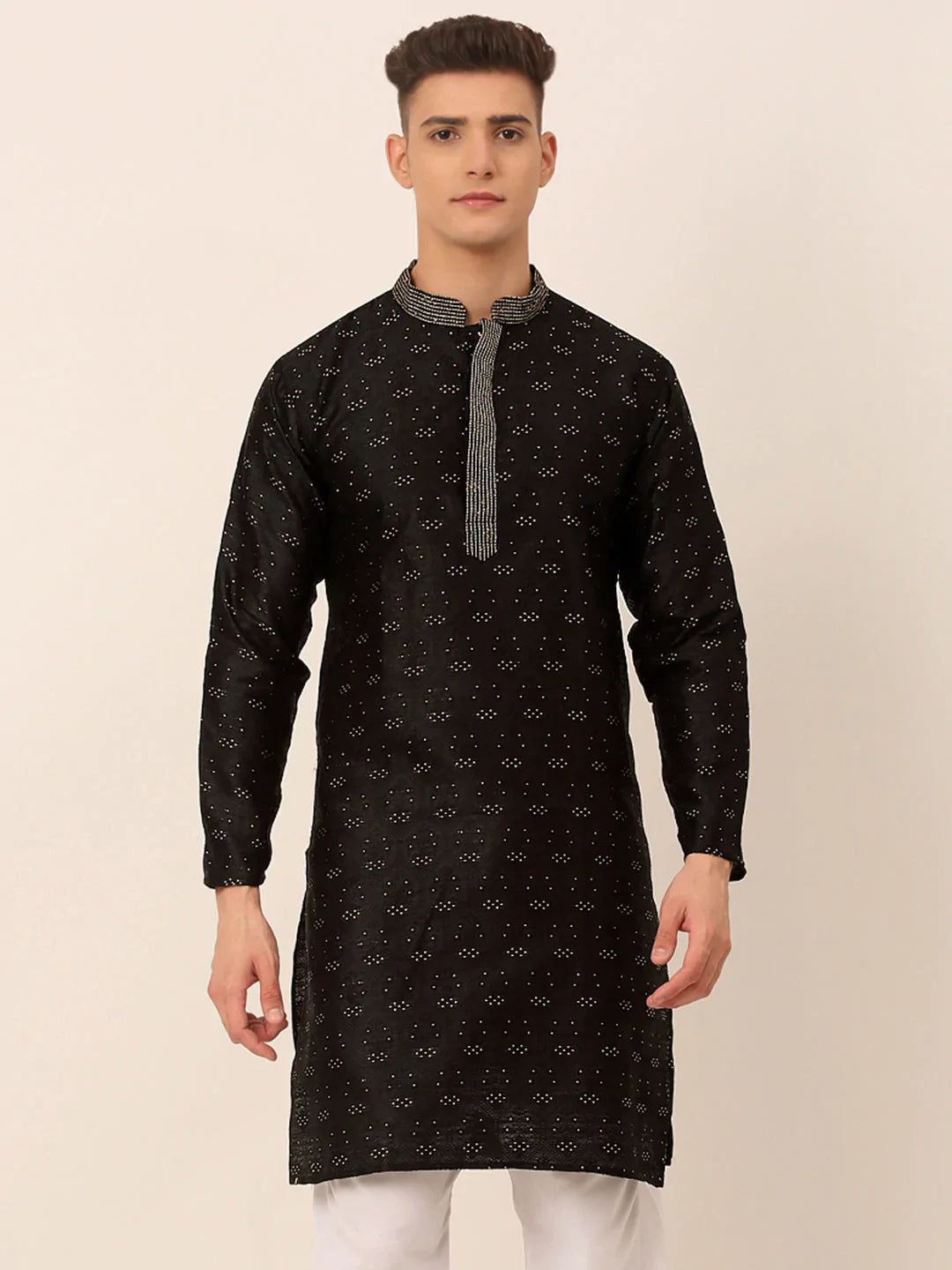 Jompers Men's Silk Blend Collar Embroidered Kurta only - Black - Distacart