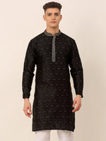 Thumbnail for Jompers Men's Silk Blend Collar Embroidered Kurta only - Black - Distacart
