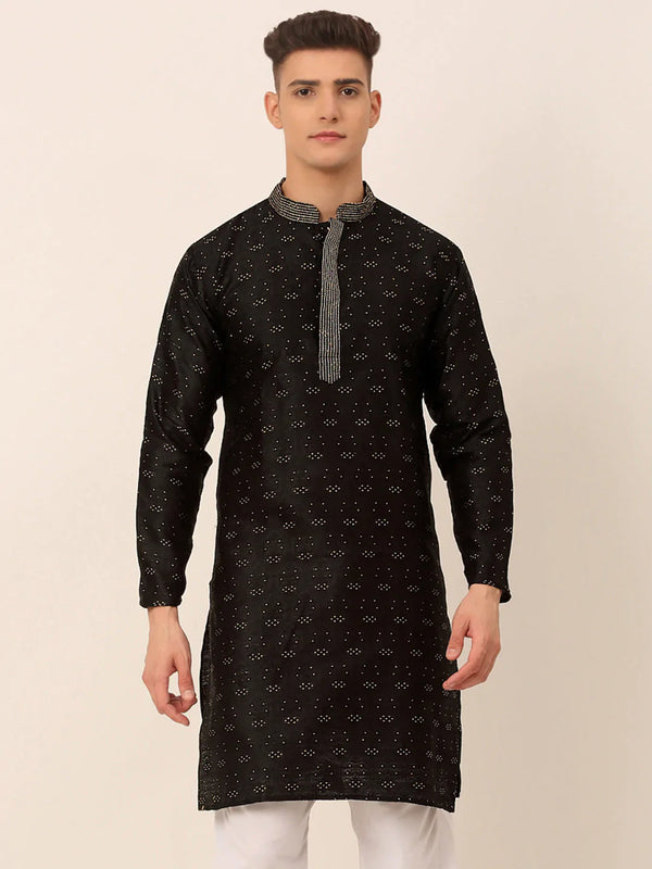 Jompers Men's Silk Blend Collar Embroidered Kurta only - Black - Distacart