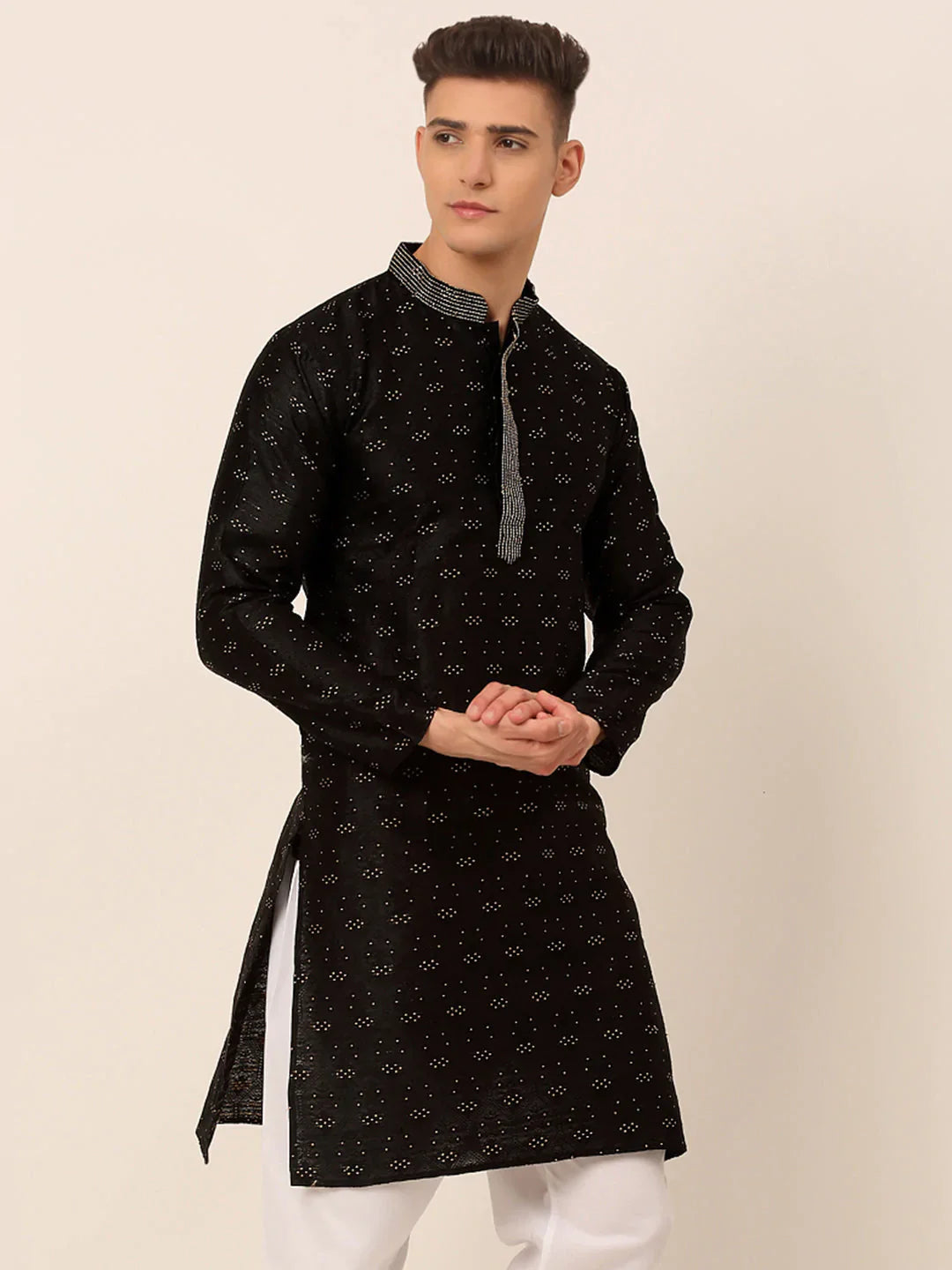 Jompers Men's Silk Blend Collar Embroidered Kurta only - Black - Distacart