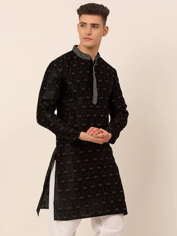 Jompers Men's Silk Blend Collar Embroidered Kurta only - Black - Distacart