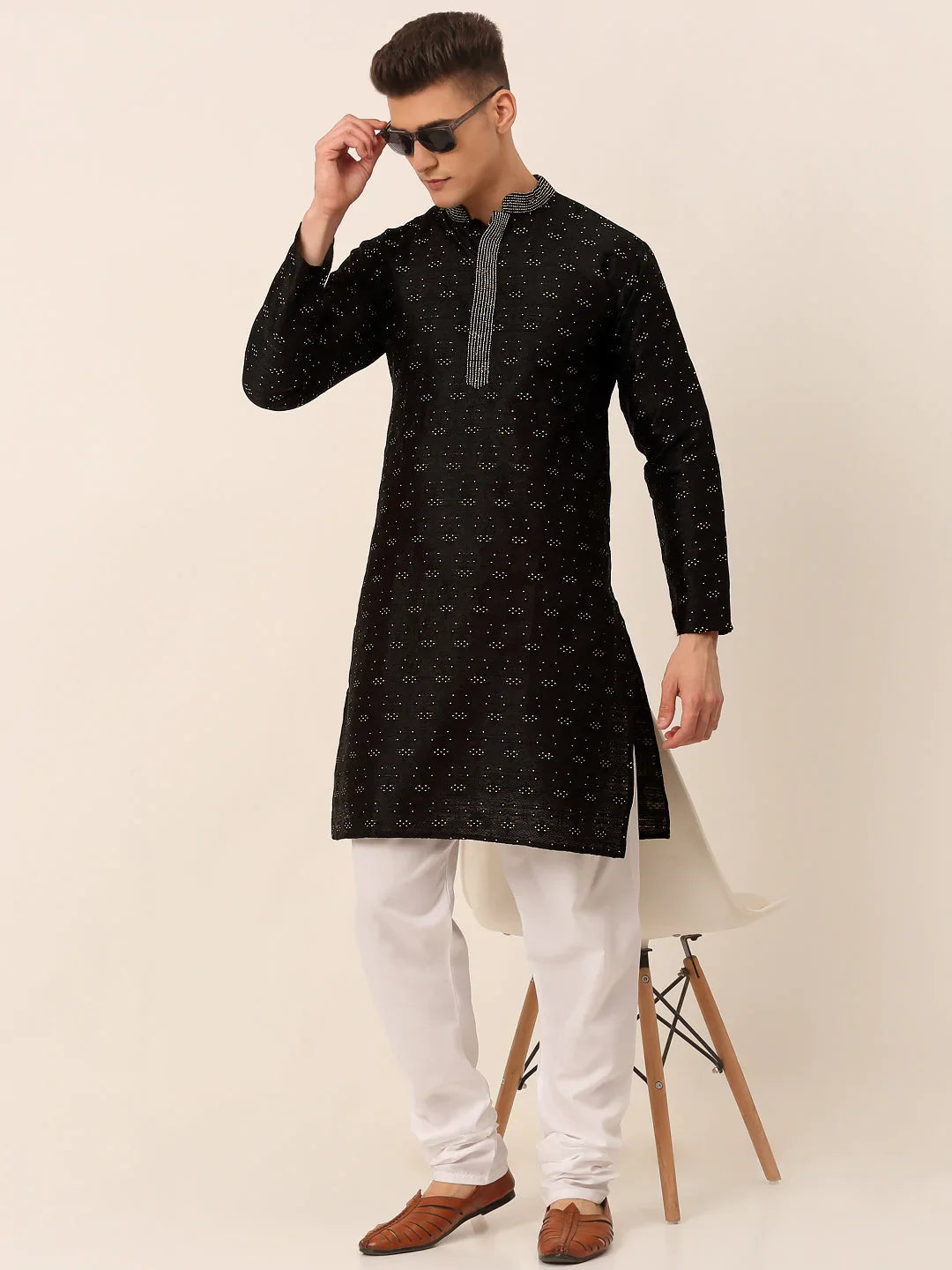 Jompers Men's Silk Blend Collar Embroidered Kurta only - Black - Distacart