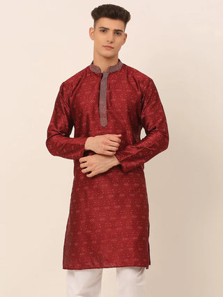 Jompers Men's Silk Blend Collar Embroidered Kurta only - Maroon - Distacart