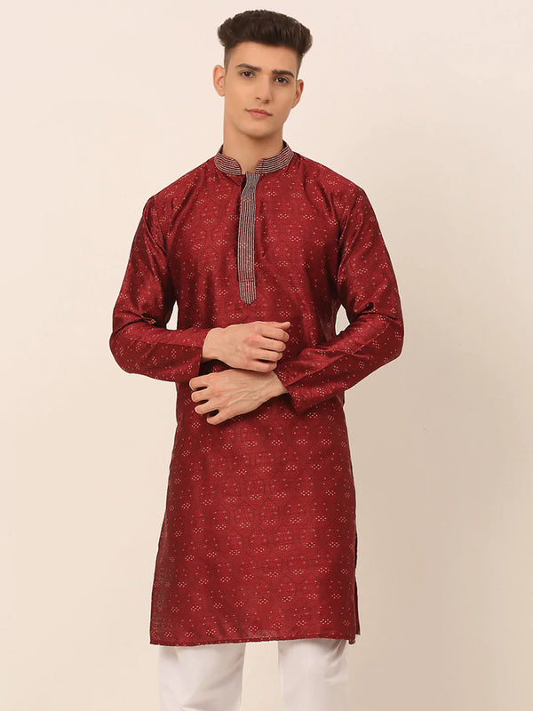 Jompers Men's Silk Blend Collar Embroidered Kurta only - Maroon - Distacart