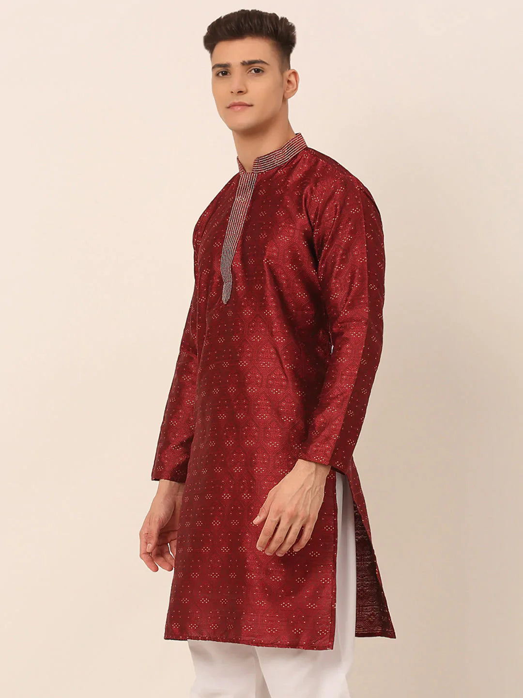 Jompers Men's Silk Blend Collar Embroidered Kurta only - Maroon - Distacart