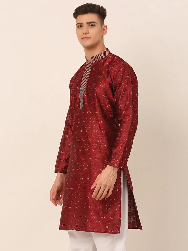 Jompers Men's Silk Blend Collar Embroidered Kurta only - Maroon - Distacart