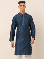 Thumbnail for Jompers Men's Silk Blend Collar Embroidered Kurta only - Peacock - Distacart