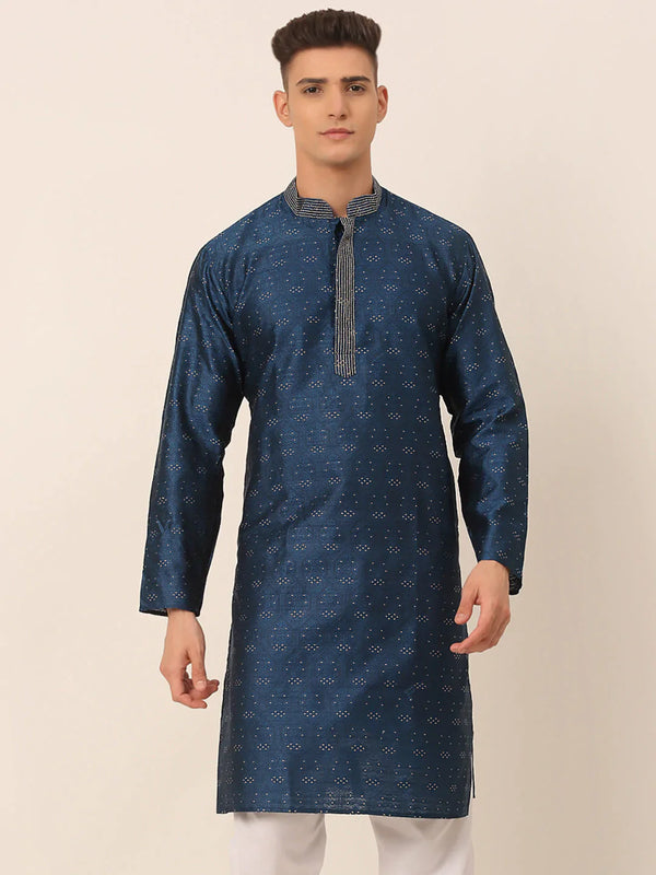 Jompers Men's Silk Blend Collar Embroidered Kurta only - Peacock - Distacart