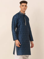 Thumbnail for Jompers Men's Silk Blend Collar Embroidered Kurta only - Peacock - Distacart