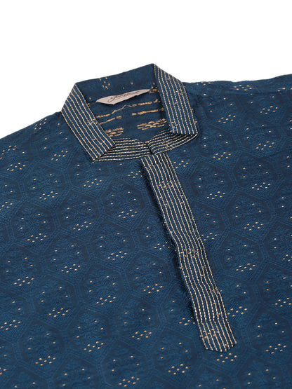 Jompers Men's Silk Blend Collar Embroidered Kurta only - Peacock - Distacart