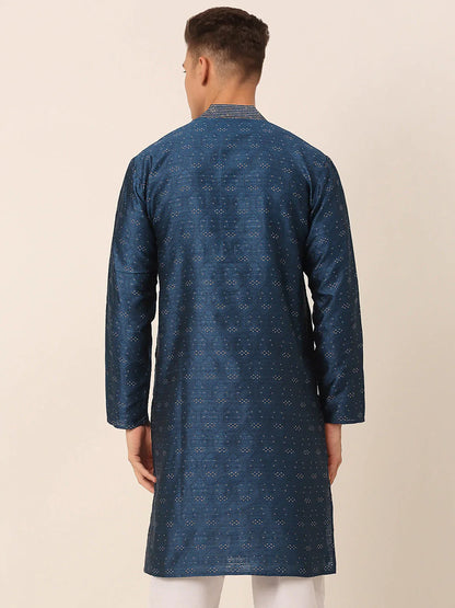 Jompers Men's Silk Blend Collar Embroidered Kurta only - Peacock - Distacart