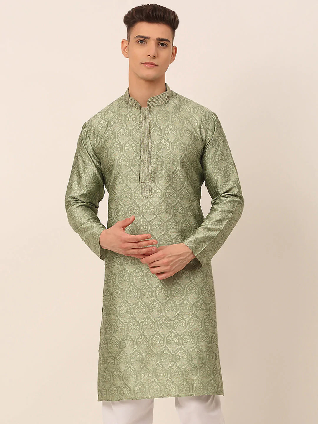 Jompers Men's Silk Blend Collar Embroidered Kurta only - Pista - Distacart