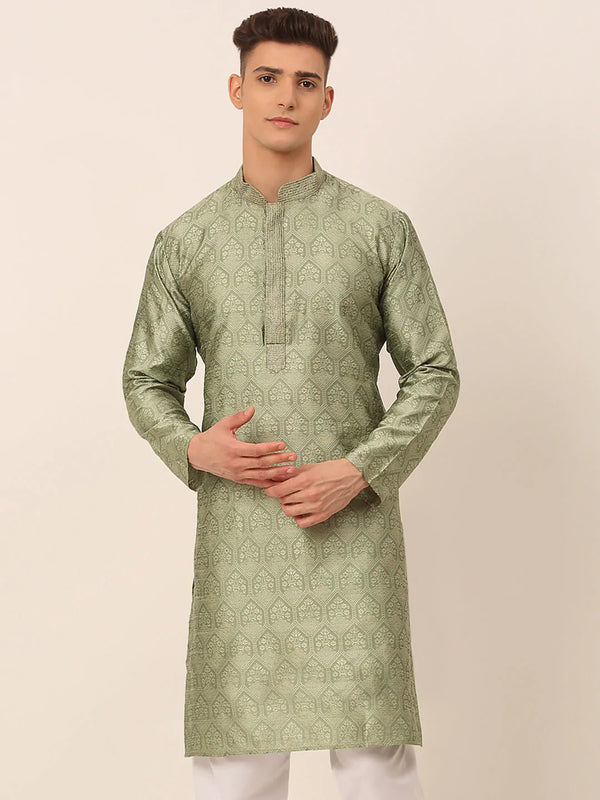 Jompers Men's Silk Blend Collar Embroidered Kurta only - Pista - Distacart