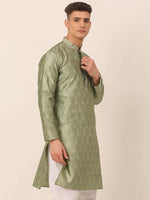 Thumbnail for Jompers Men's Silk Blend Collar Embroidered Kurta only - Pista - Distacart