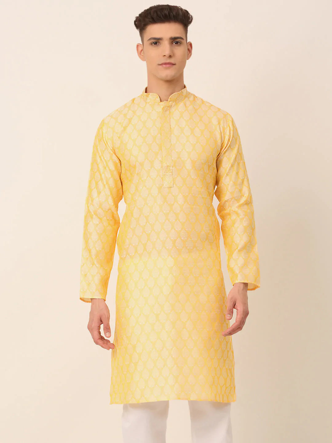 Jompers Men's Silk Blend Collar Embroidered Kurta only - Golden - Distacart