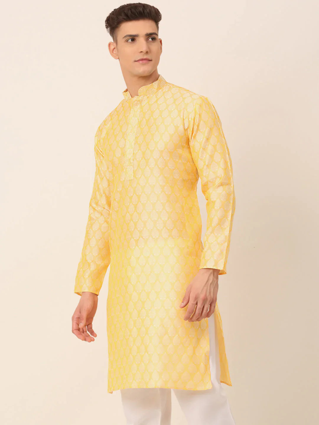 Jompers Men's Silk Blend Collar Embroidered Kurta only - Golden - Distacart