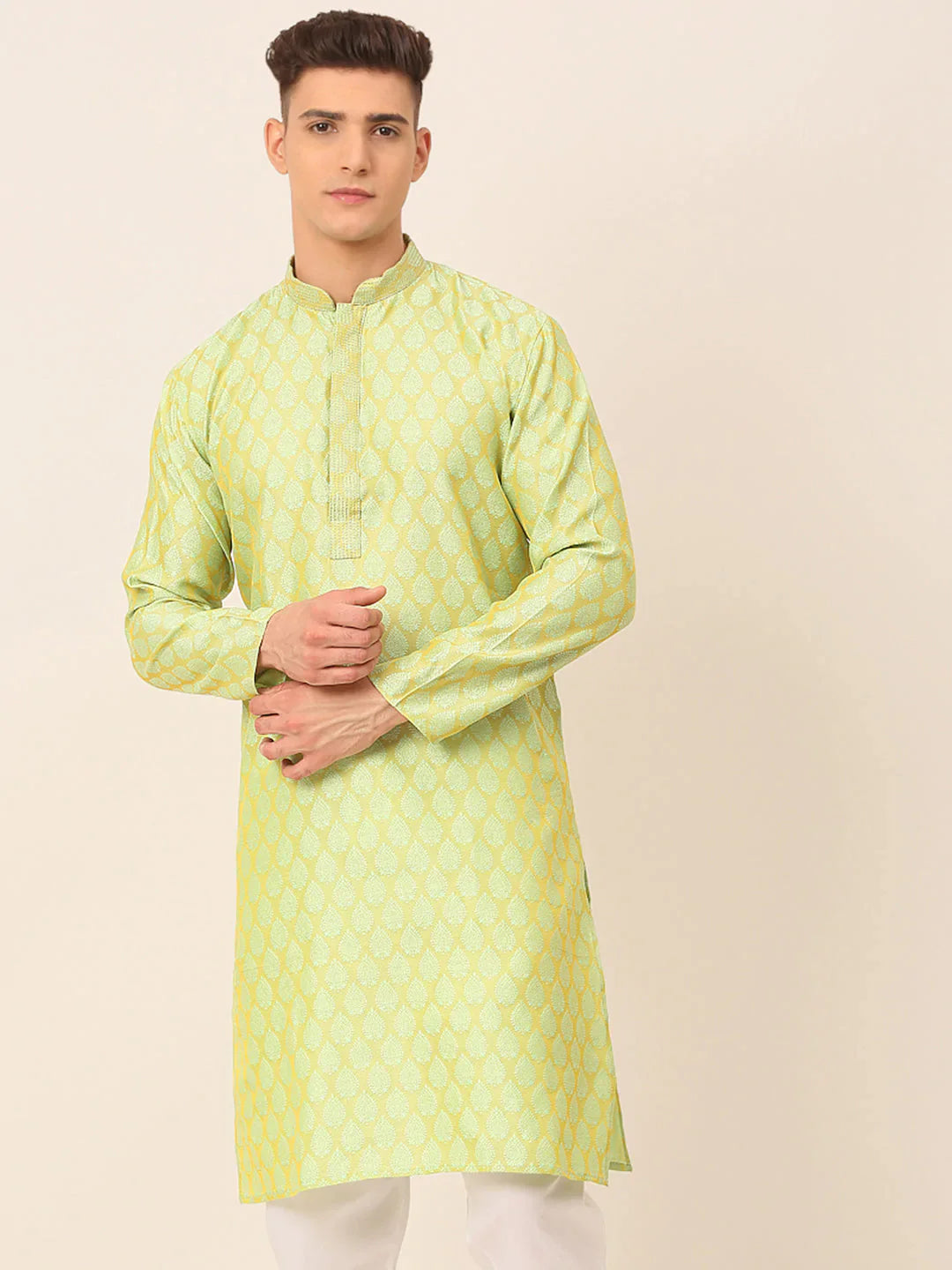 Jompers Men's Silk Blend Collar Embroidered Kurta only - Green - Distacart