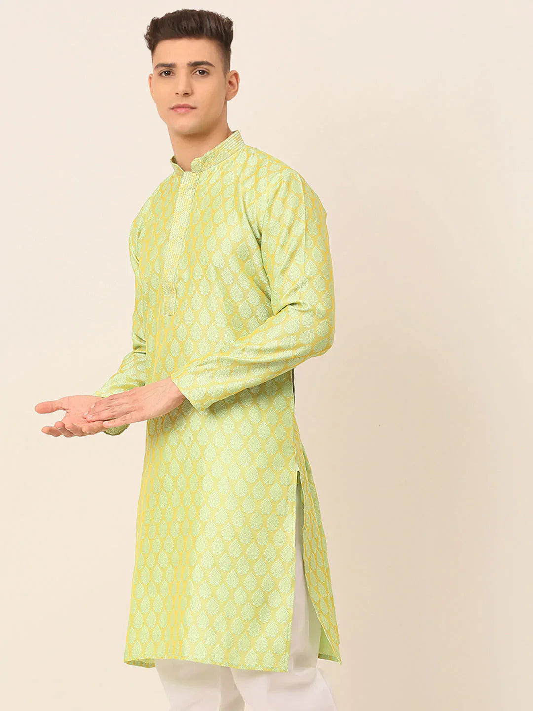Jompers Men's Silk Blend Collar Embroidered Kurta only - Green - Distacart