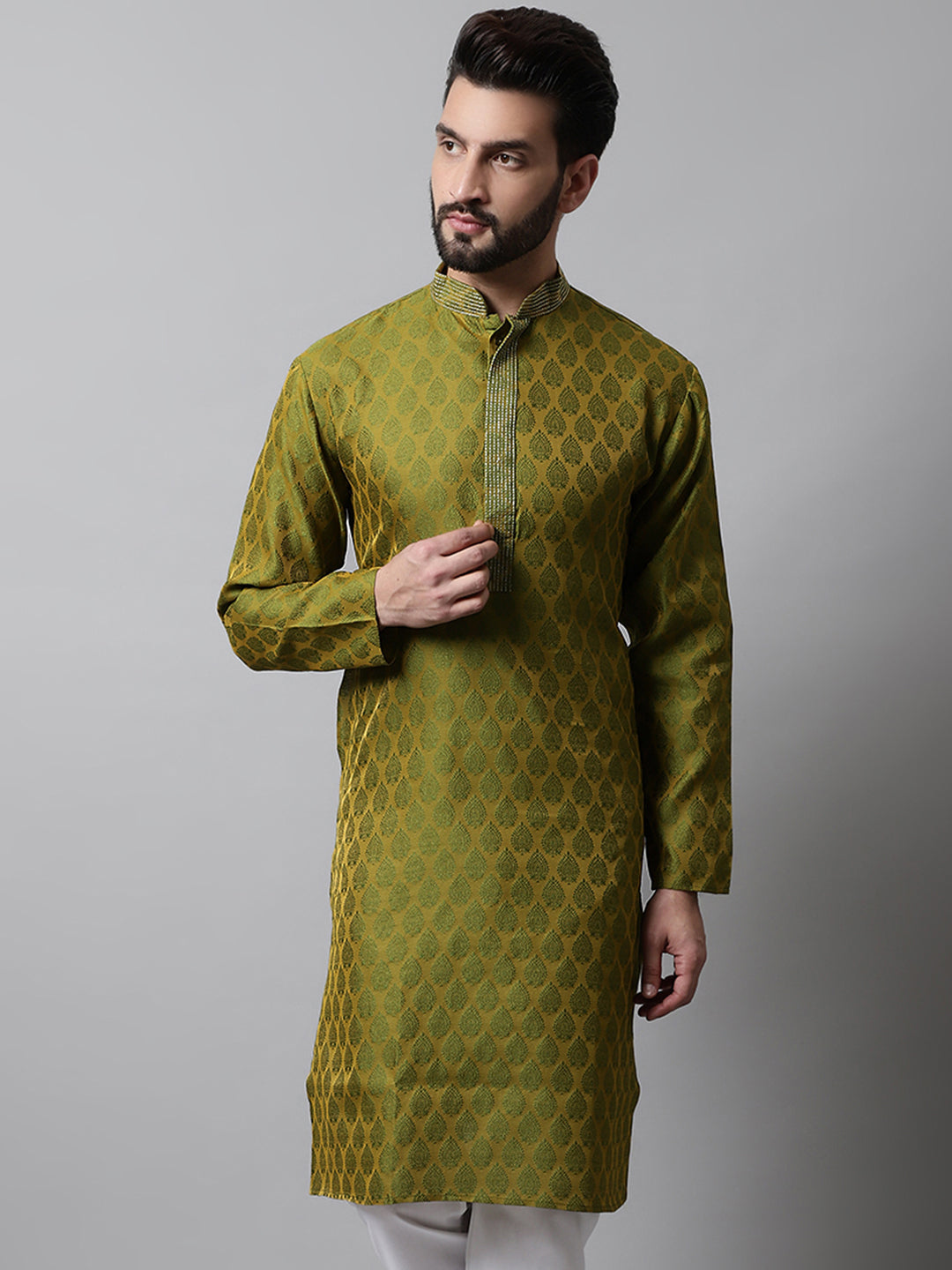 Jompers Men's Olive Green and White Woven Design Kurta - Distacart