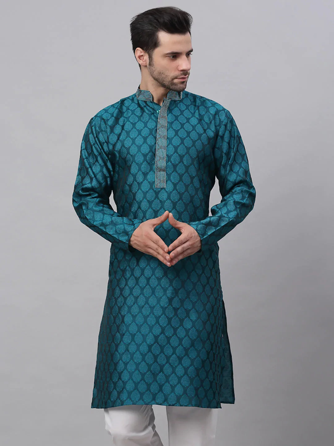 Jompers Men's Silk Blend Collar Embroidered Kurta only - Peacock - Distacart