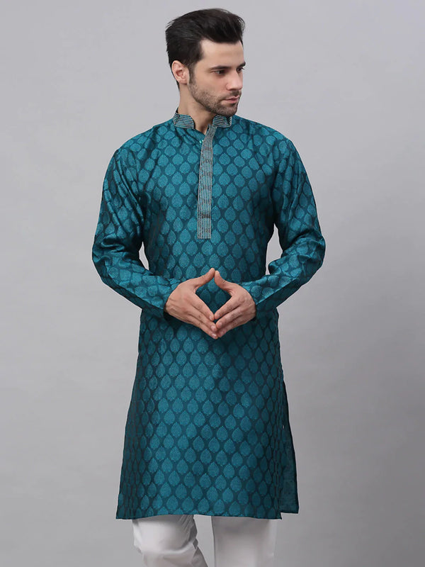 Jompers Men's Silk Blend Collar Embroidered Kurta only - Peacock - Distacart