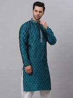 Thumbnail for Jompers Men's Silk Blend Collar Embroidered Kurta only - Peacock - Distacart