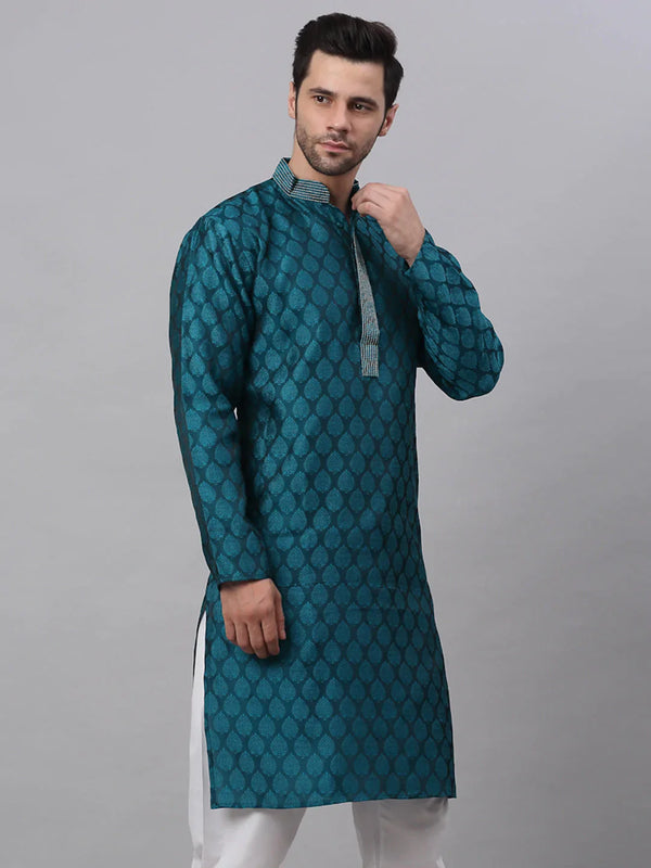 Jompers Men's Silk Blend Collar Embroidered Kurta only - Peacock - Distacart
