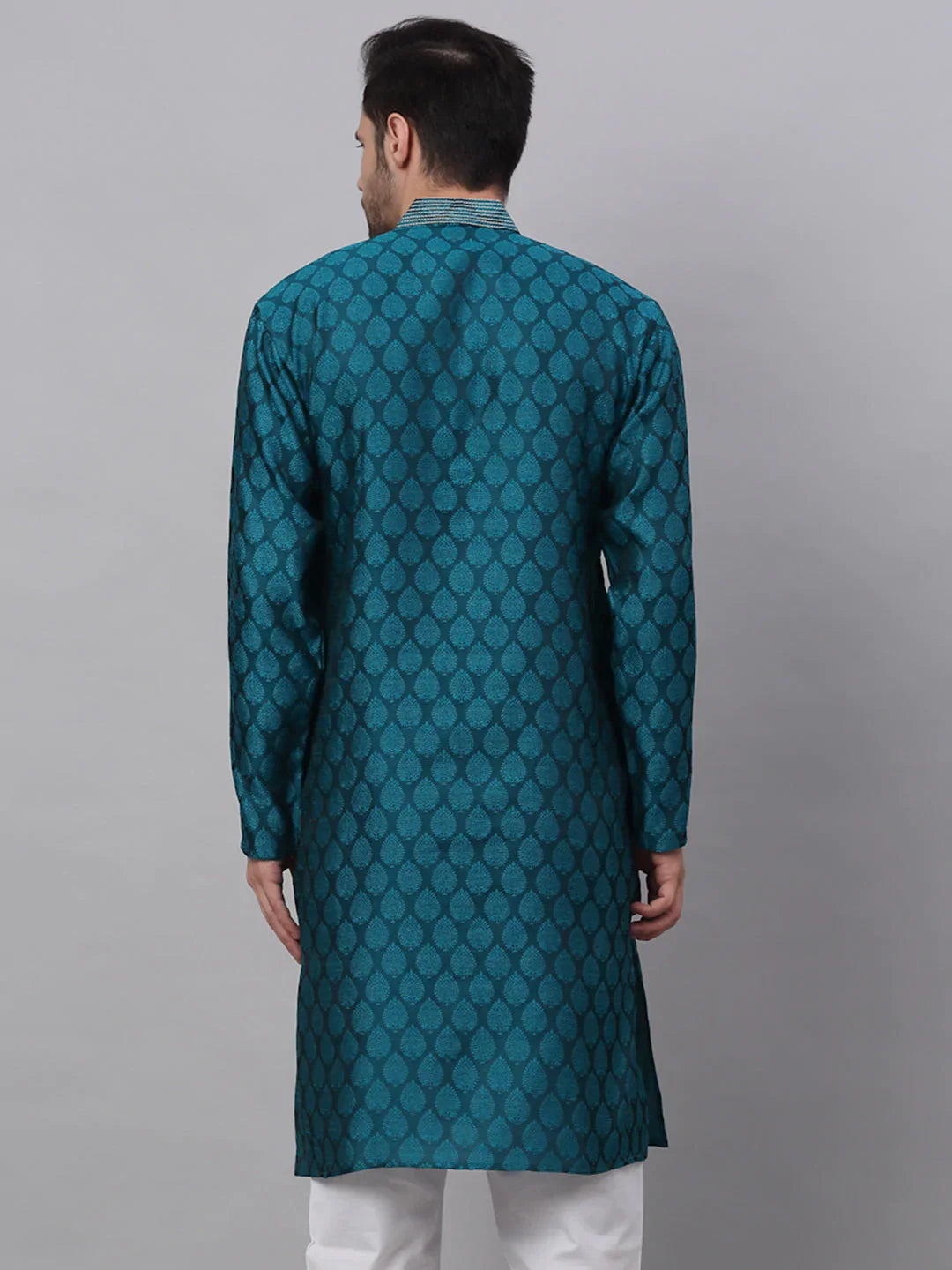 Jompers Men's Silk Blend Collar Embroidered Kurta only - Peacock - Distacart
