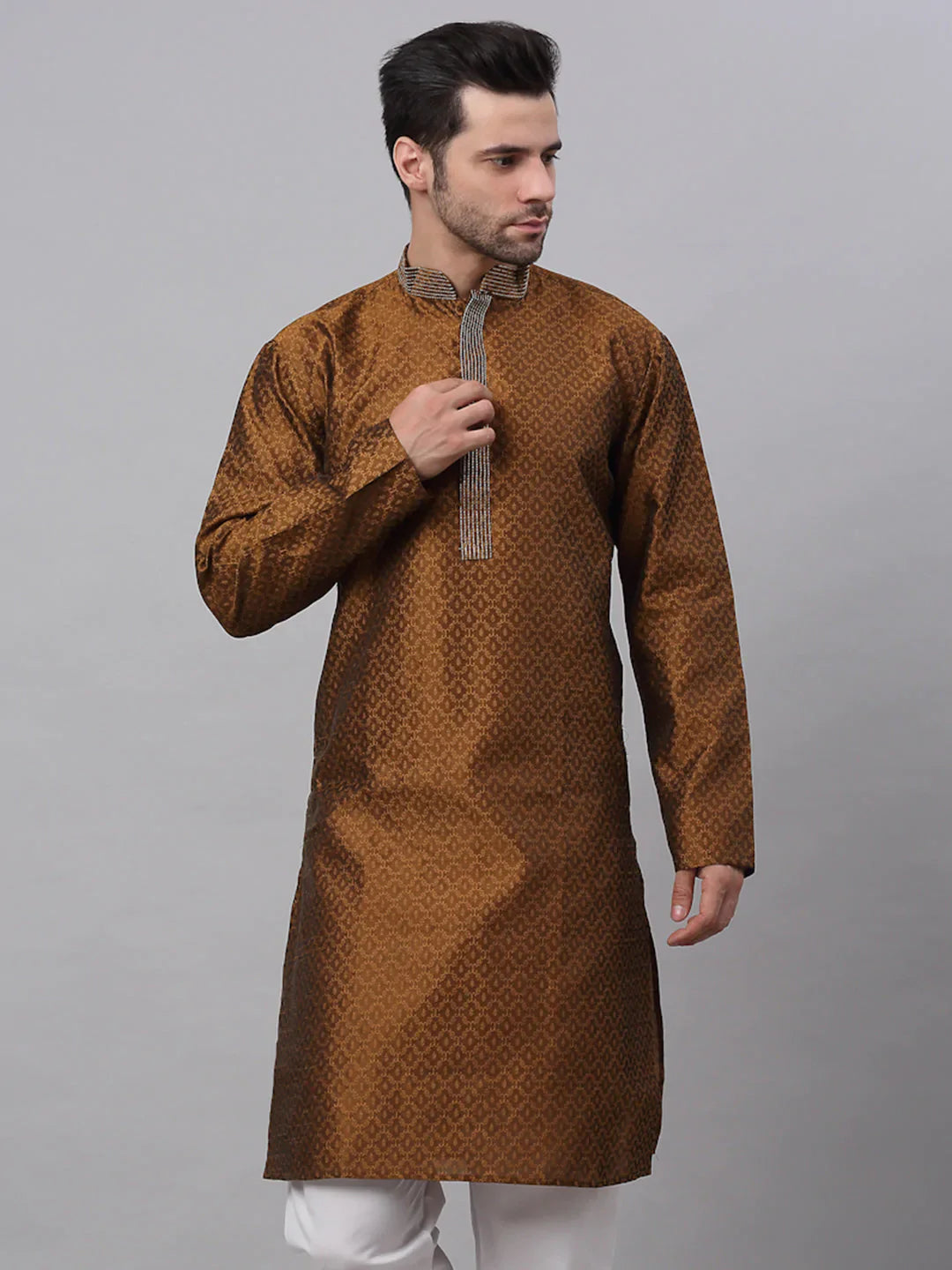 Jompers Men's Silk Blend Collar Embroidered Kurta only - Brown - Distacart