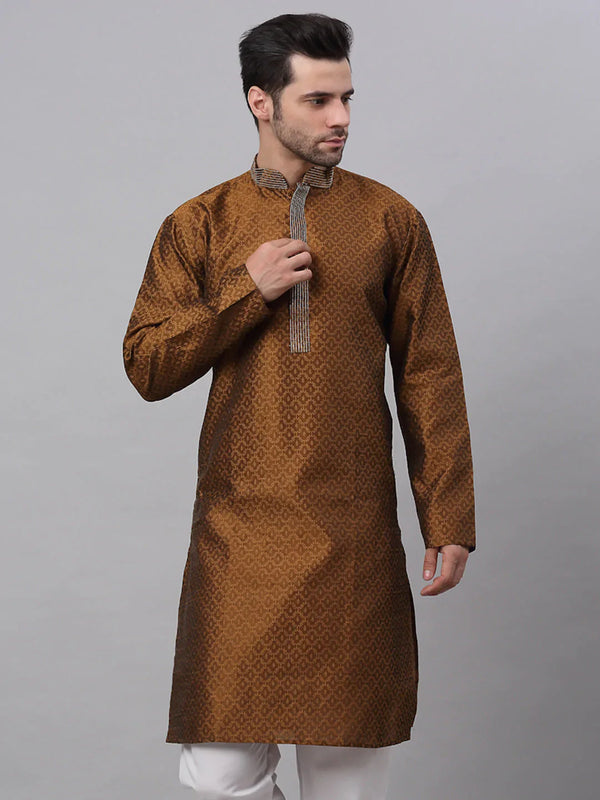 Jompers Men's Silk Blend Collar Embroidered Kurta only - Brown - Distacart