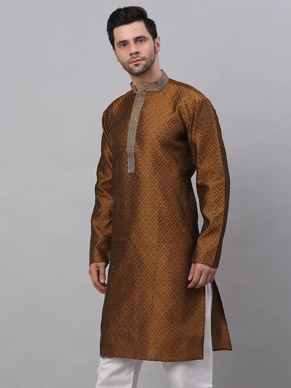 Jompers Men's Silk Blend Collar Embroidered Kurta only - Brown - Distacart