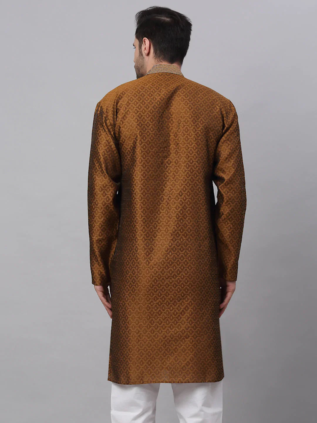 Jompers Men's Silk Blend Collar Embroidered Kurta only - Brown - Distacart