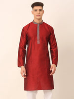 Thumbnail for Jompers Men's Silk Blend Collar Embroidered Kurta only - Maroon - Distacart