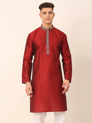 Jompers Men's Silk Blend Collar Embroidered Kurta only - Maroon - Distacart