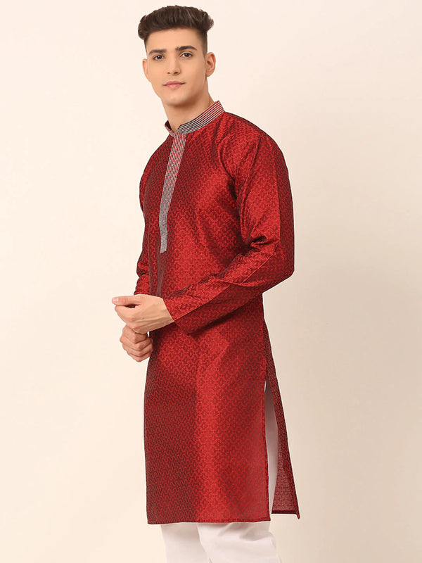 Jompers Men's Silk Blend Collar Embroidered Kurta only - Maroon - Distacart