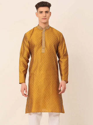 Jompers Men's Silk Blend Collar Embroidered Kurta only - Mustard - Distacart