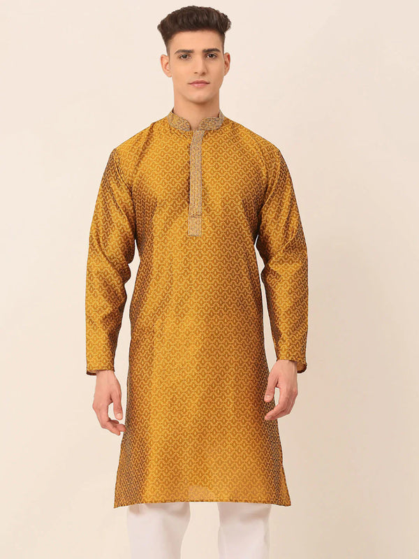Jompers Men's Silk Blend Collar Embroidered Kurta only - Mustard - Distacart