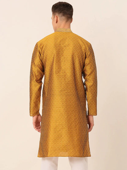 Jompers Men's Silk Blend Collar Embroidered Kurta only - Mustard - Distacart
