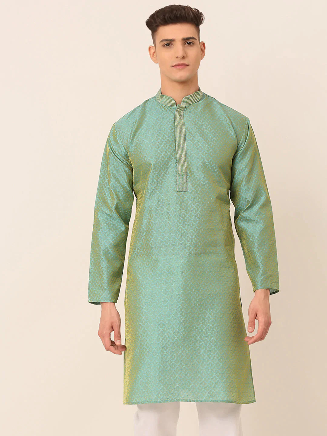 Jompers Men's Silk Blend Collar Embroidered Kurta only - Sea-Green - Distacart