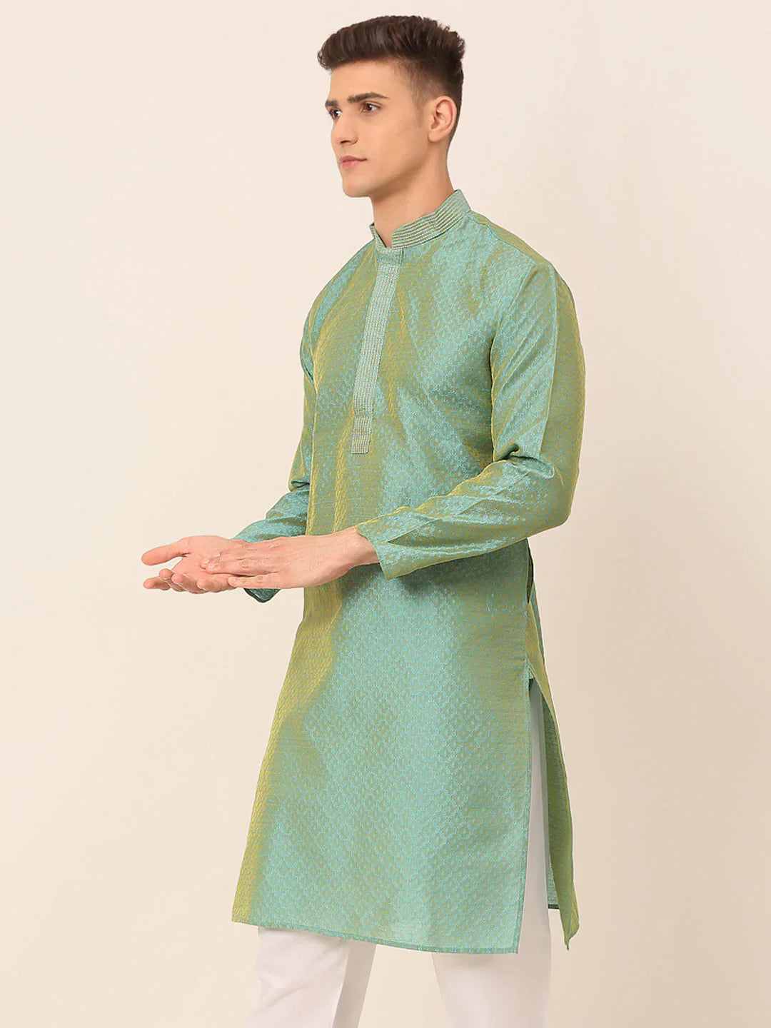 Jompers Men's Silk Blend Collar Embroidered Kurta only - Sea-Green - Distacart