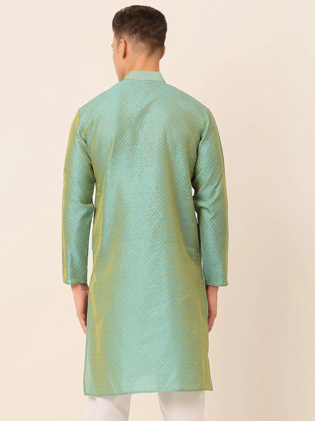 Jompers Men's Silk Blend Collar Embroidered Kurta only - Sea-Green - Distacart