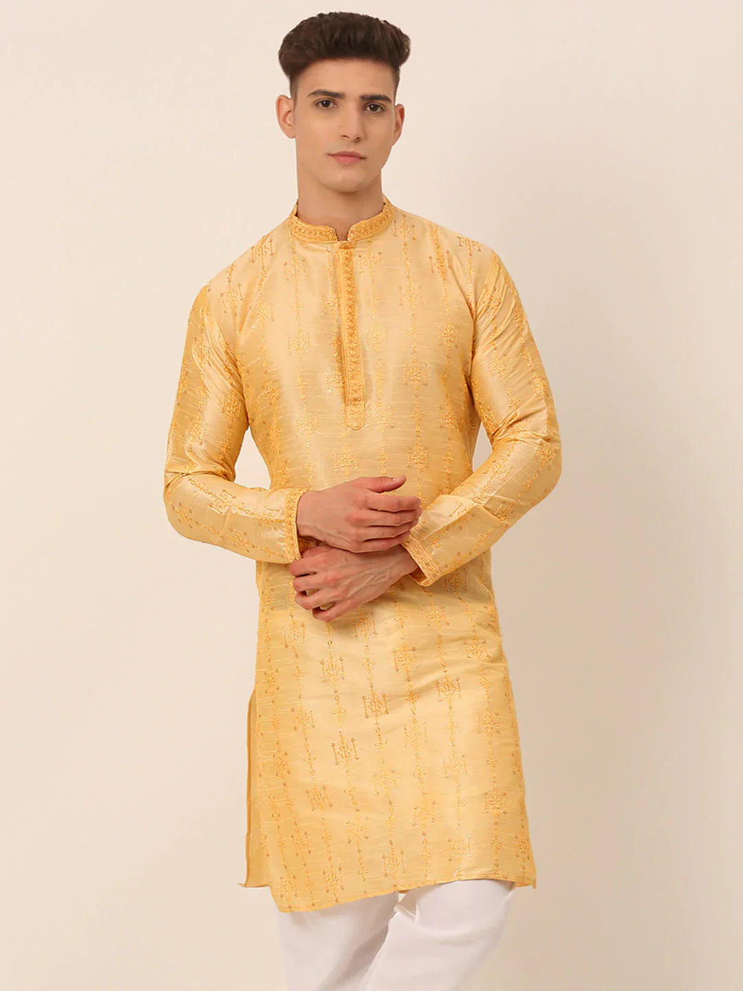 Jompers Men's Silk Blend Collar Embroidered Kurta Only - Golden - Distacart