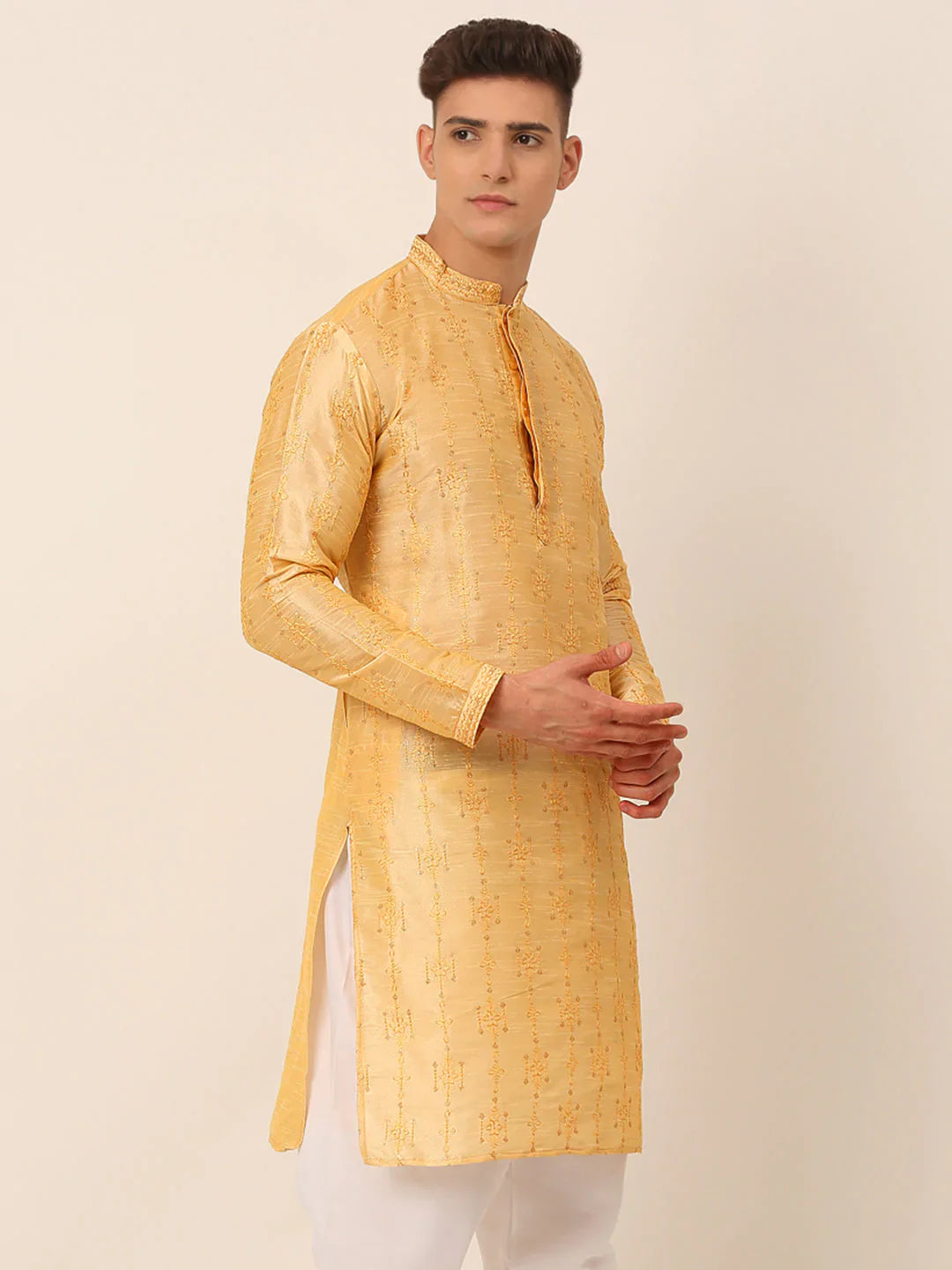 Jompers Men's Silk Blend Collar Embroidered Kurta Only - Golden - Distacart